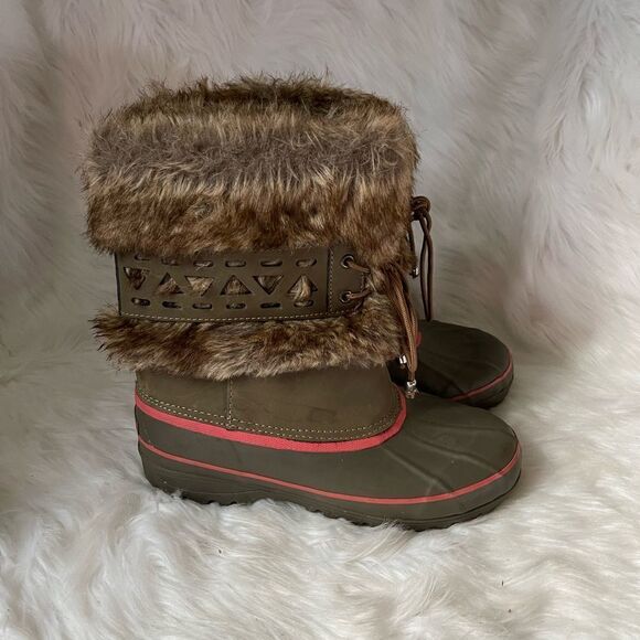 KHOMBU snow boots leather & rubber olive green and orange with faux fur SZ8M - Picture 1 of 10